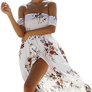 SVALIY Women Floral Off The Shoulder Split Chiffon Maxi Beach Dresses Wedding Pa